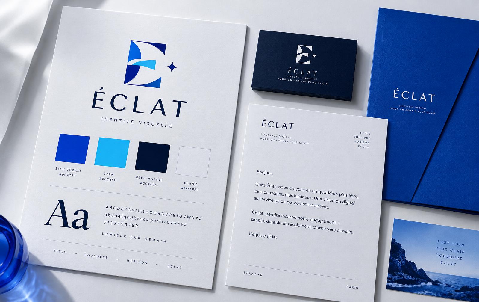 Exemple fictif Éclat : présentation de logo, palette bleu et cyan, typographies et papeterie de marque.